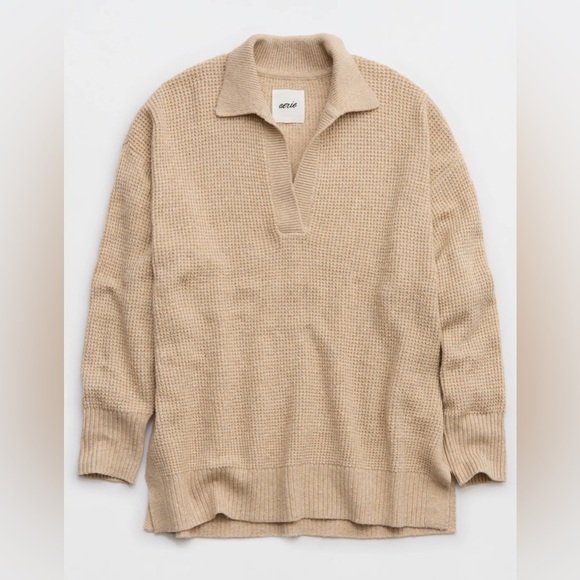 Aerie CozyUp Waffle Polo Sweater beige long sleeve top tee heather fawn ribbed - Picture 7 of 8